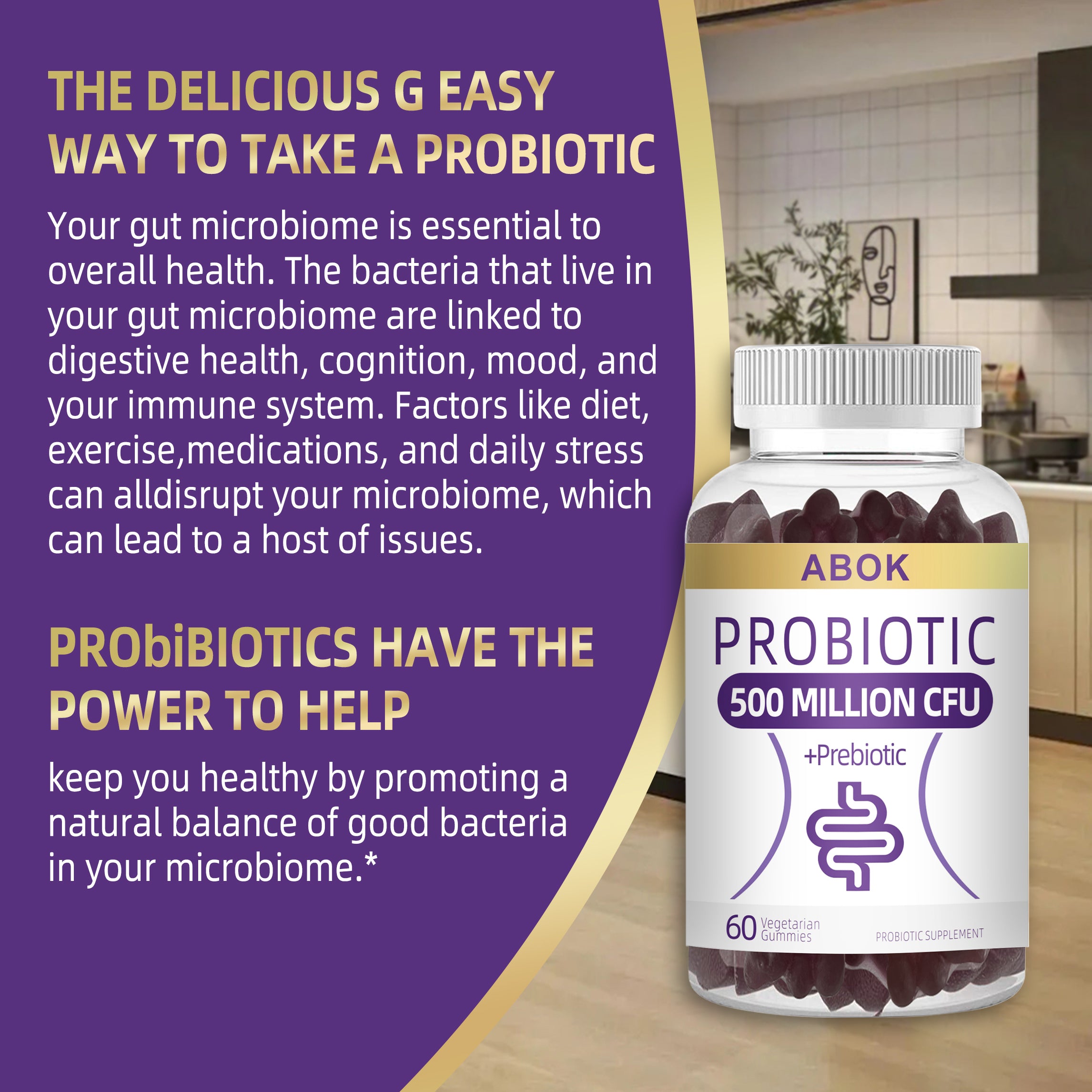 ABOK Probiotic Gummies - 500 Million CFU + Prebiotic for Optimal Gut Health