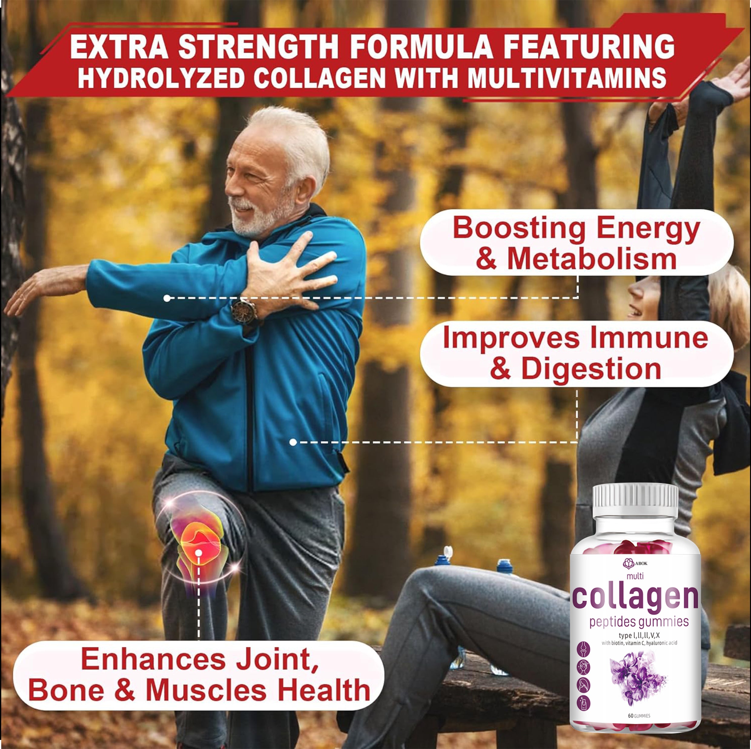 ABOK Multi Collagen Peptides Gummies - Hydrolyzed Protein Peptides (Type I,II,III,V,X) with Hyaluronic Acid, Biotin & Vitamin C - Unflavored